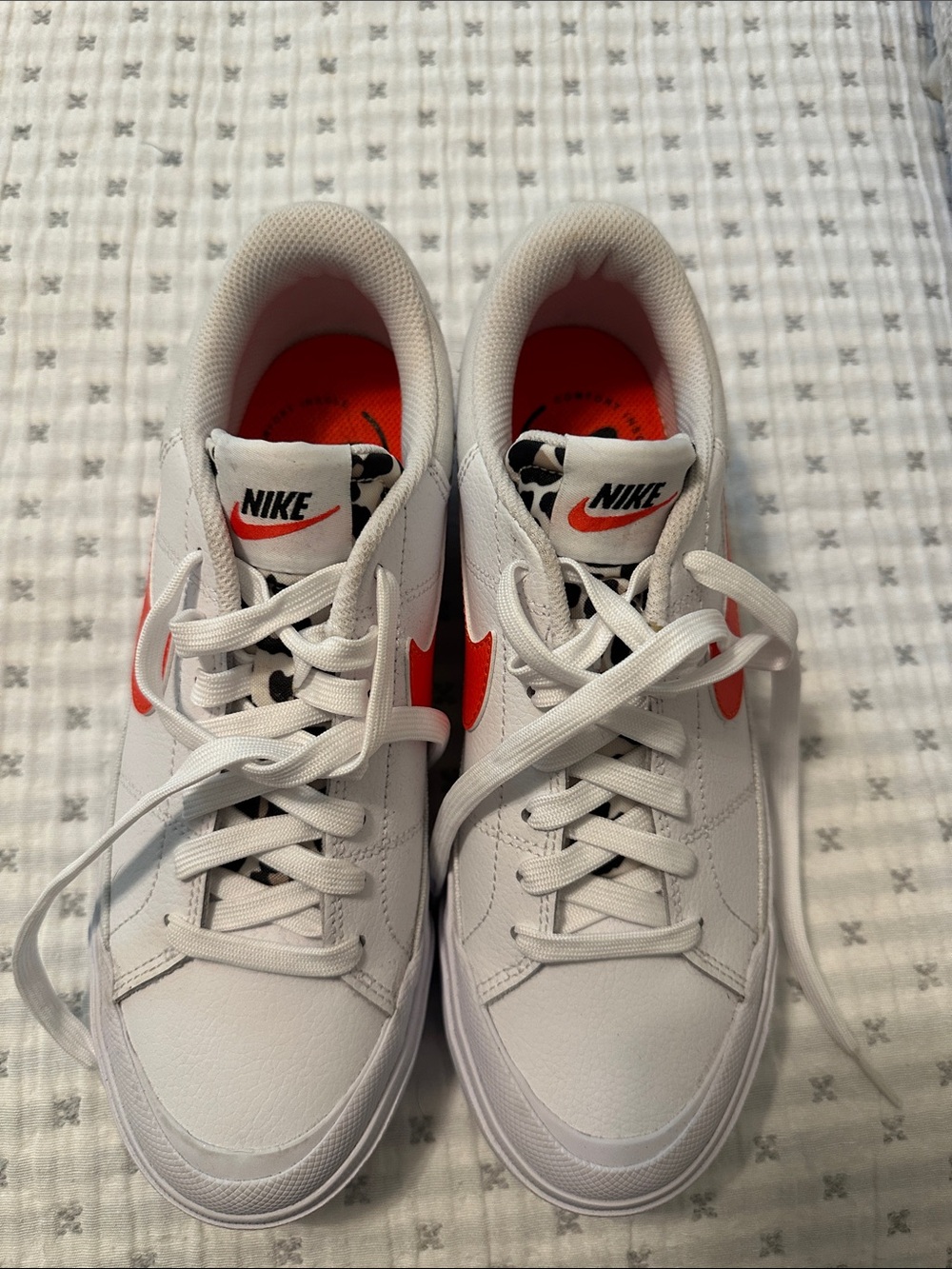 Nike White and Orange Low-Top Athletic Sneakers with Leopard Tongue Detail